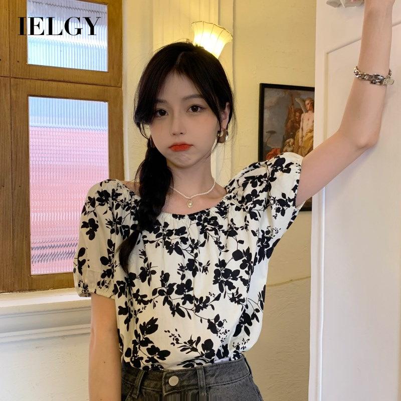 IELGY    Áo Sơ Mi Tay Ngắn Dáng Rộng Họa Tiết Hoa Phong Cách Hàn Quốc Cho Nữ