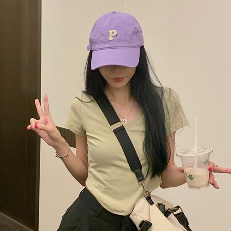 IELGY  Áo Thun Tay Ngắn Cổ Chữ v Phía Trước Phong Cách Mỹ Cho Nữ