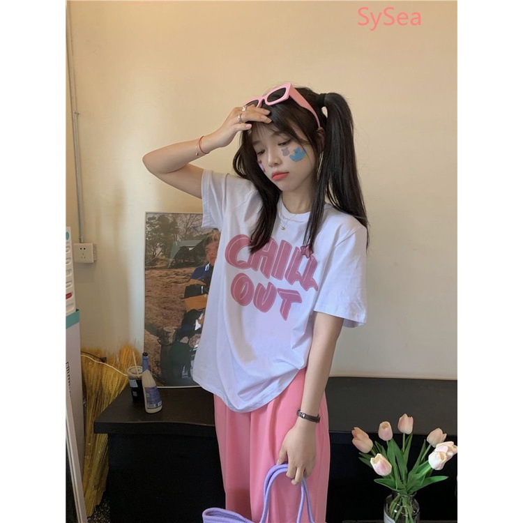 Áo Thun Dáng Rộng Cổ Tròn In Chữ Kiểu Hàn Quốc Thời Trang Mùa Hè Cho Nữ