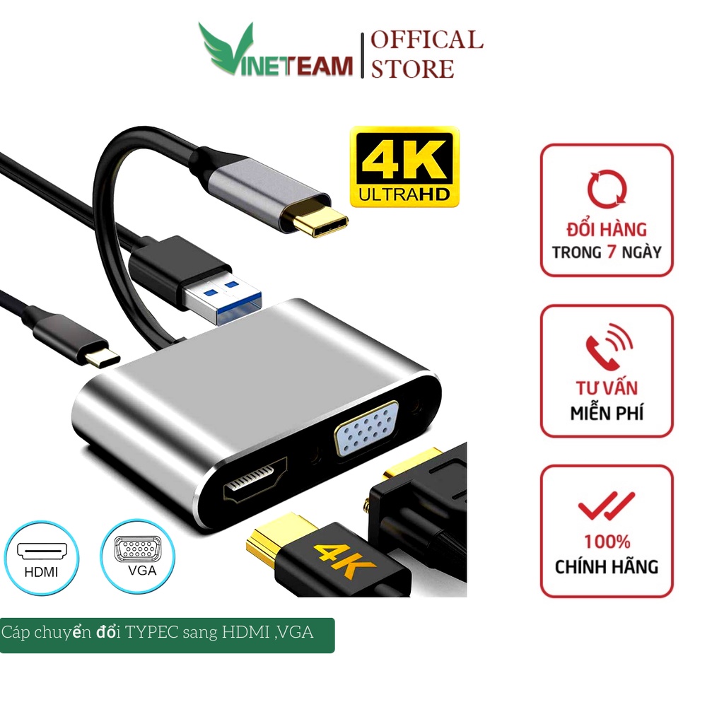 Cáp chuyển đổi Usb Type-C To USB-C HDMI Vinetteam độ phân giải 4K , VGA USB 3.0, 4 trong 1, hỗ trợ SS MHL -dc4979