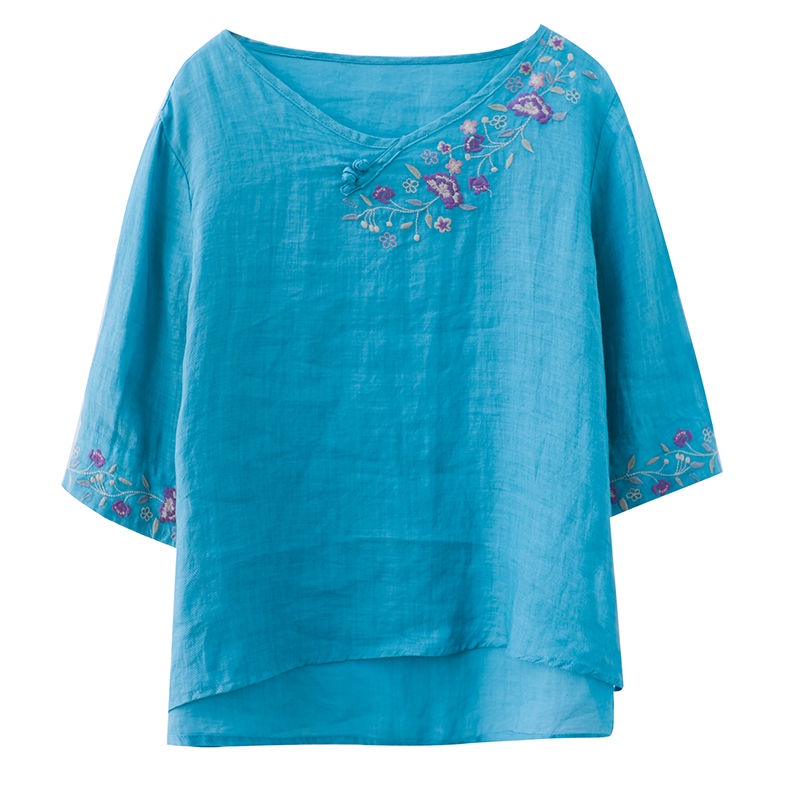 Áo Thun Cotton Tay Lửng Thêu Họa Tiết Cổ Điển Thoải Mái Cao Cấp