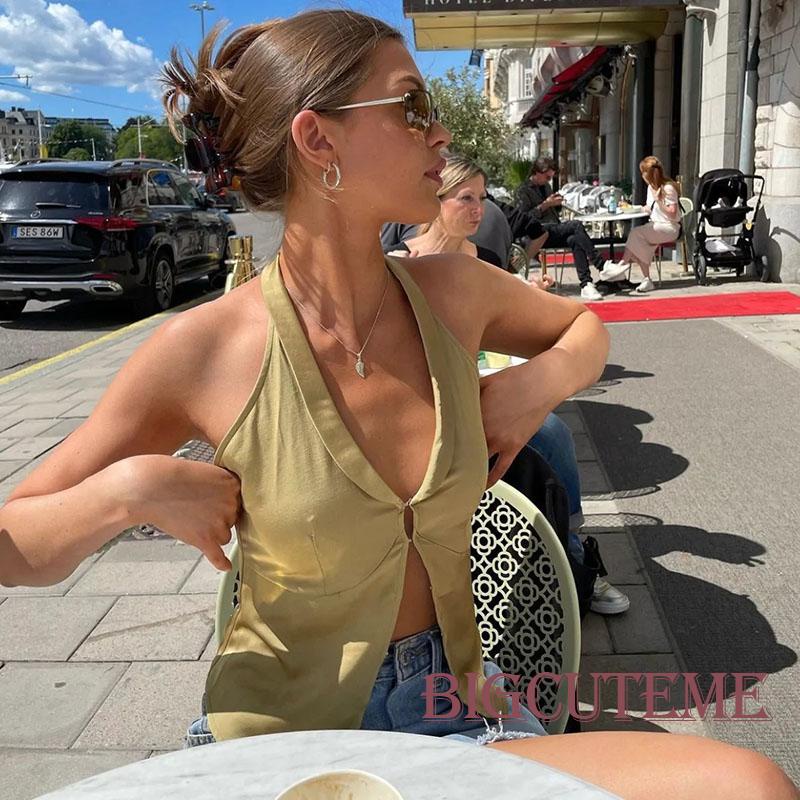 [] - Áo Tank Top Hai Dây Màu Trơn Ôm Dáng Cài Khóa Trước Không Tay Cho Nữ