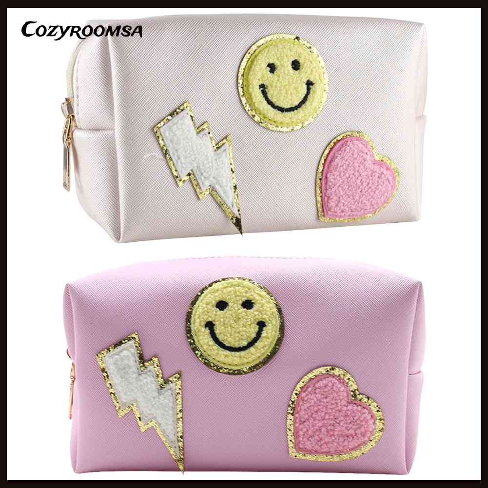 Túi Đựng Mỹ Phẩm Da PU Chống Thấm Nước Họa Tiết Mặt Cười Dễ Thương