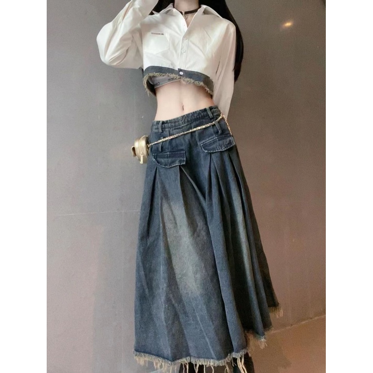 Set Áo Sơ Mi Tay Dài Phối Chân Váy Denim Ngắn Phong Cách Preppy Thời Trang Cho Nữ 74LI