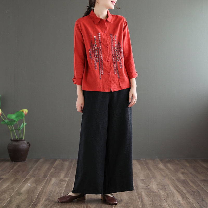 Áo Sơ Mi Dài Tay Chất Liệu Cotton Lanh Thêu Trang Trí Dành Cho Nữ