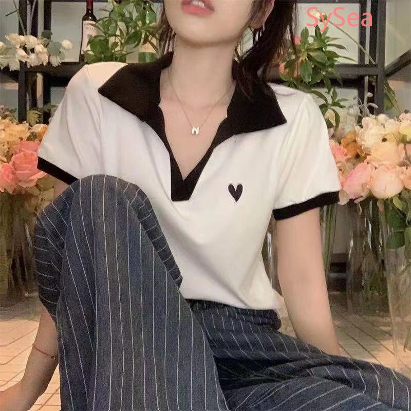 Áo Kiểu Cổ Chữ V Thêu Họa Tiết Trái Tim Phong Cách Retro Hàn Quốc