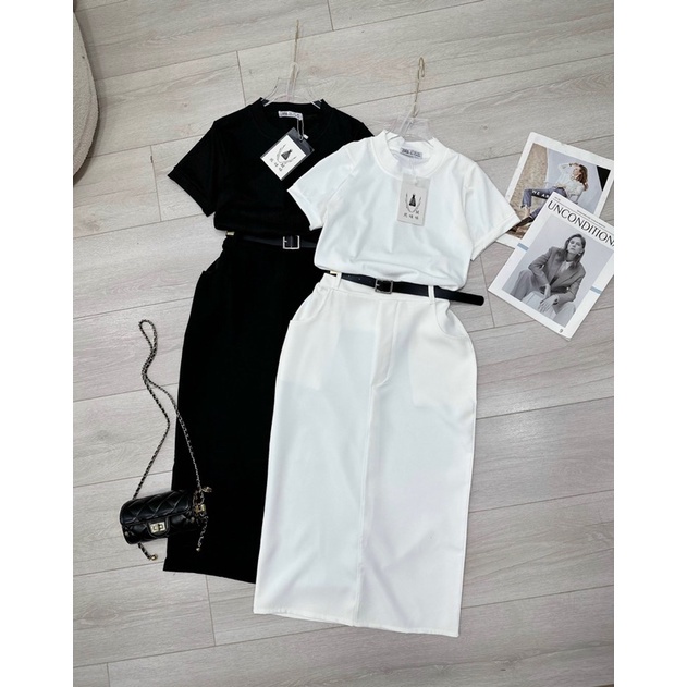 Set áo len tăm chân váy dài/ngắn kèm đai 2 màu Đen Trắng chuẩn mẫu