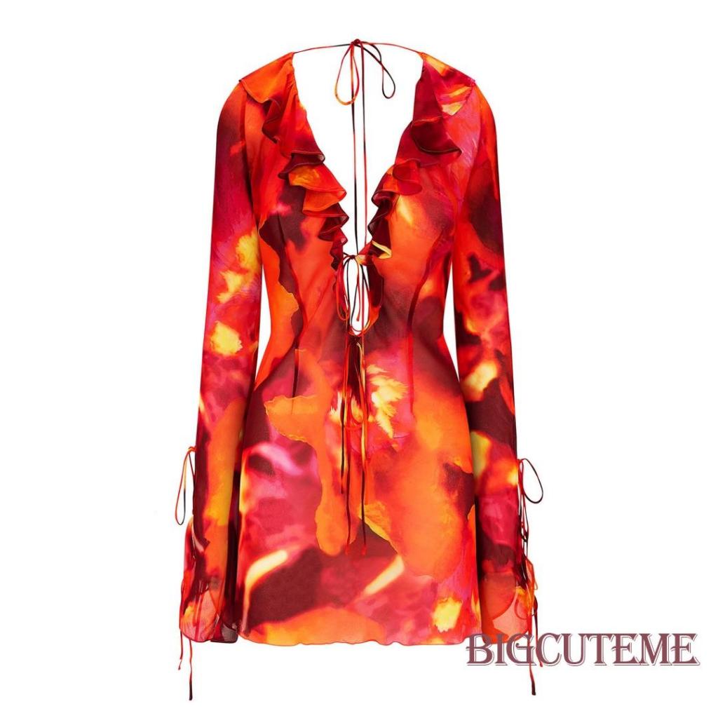 Đầm Mini Tay Dài Cổ Chữ V Họa Tiết Màu Nhuộm Phối Bèo Thời Trang Cho Nữ