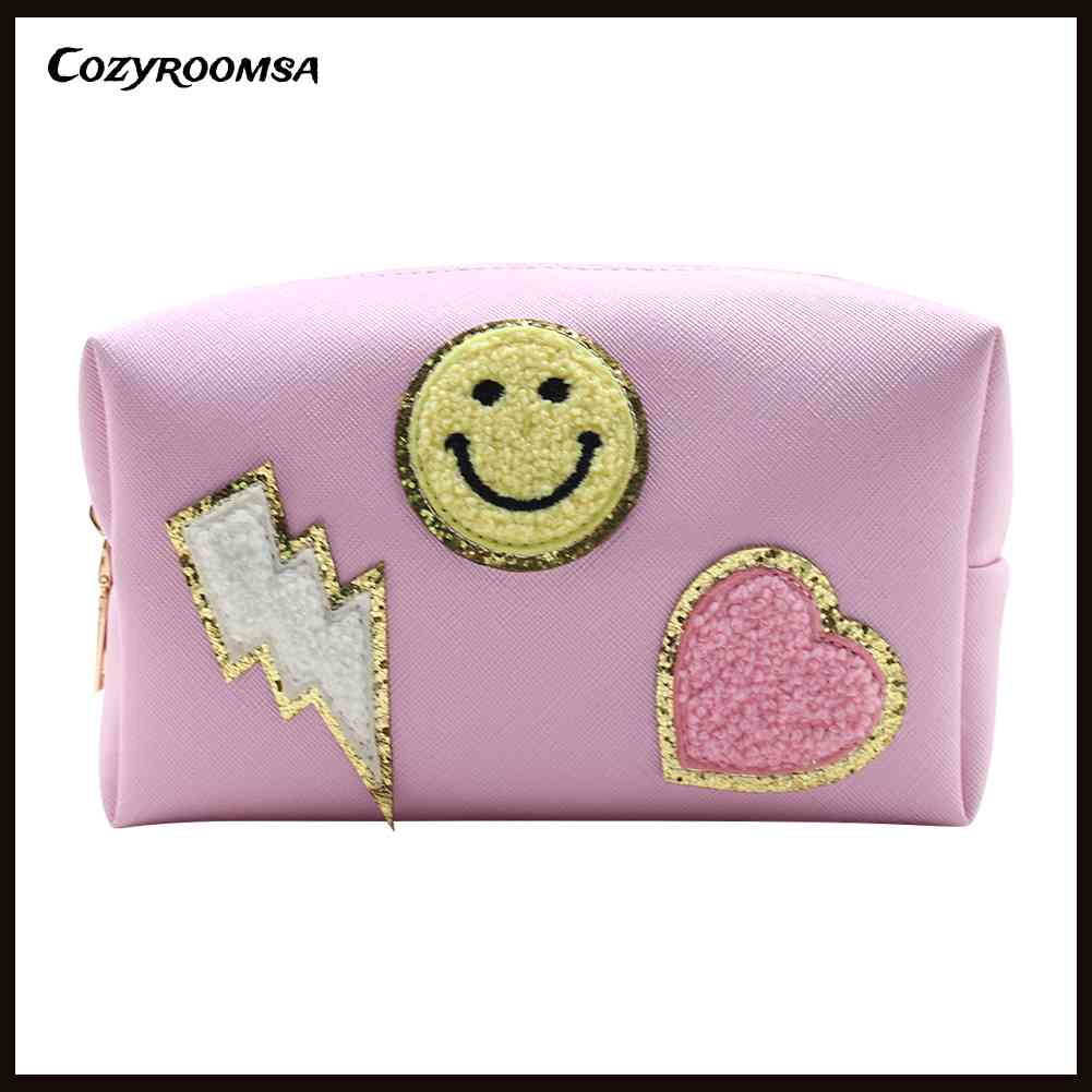 Túi Đựng Mỹ Phẩm Da PU Chống Thấm Nước Họa Tiết Mặt Cười Dễ Thương