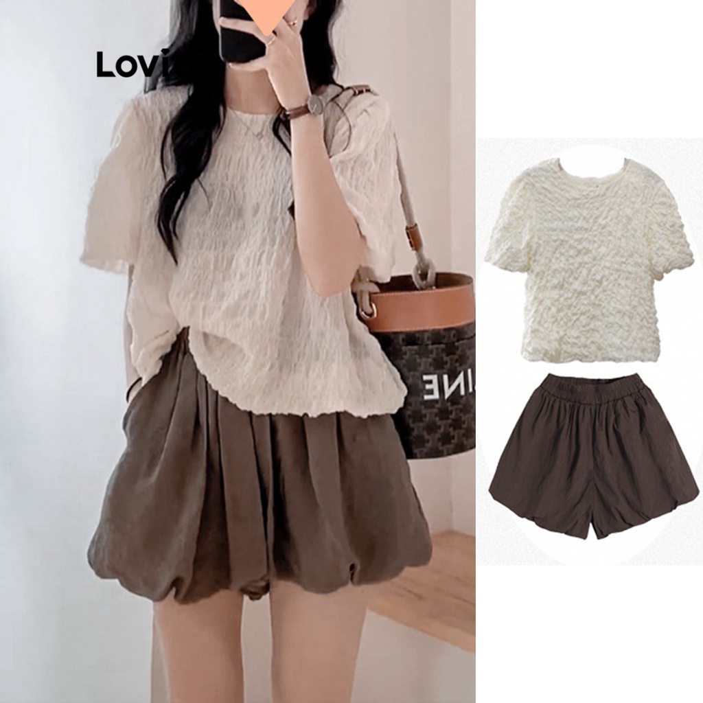 Set quần short Lovito vải có thớ dệt màu trơn thường ngày cho nữ LNA04044