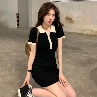Đầm Dệt Kim Ngắn Tay Cổ Polo Thời Trang Mỹ 2023 Mới Mẻ Gợi Cảm Cho Nữ