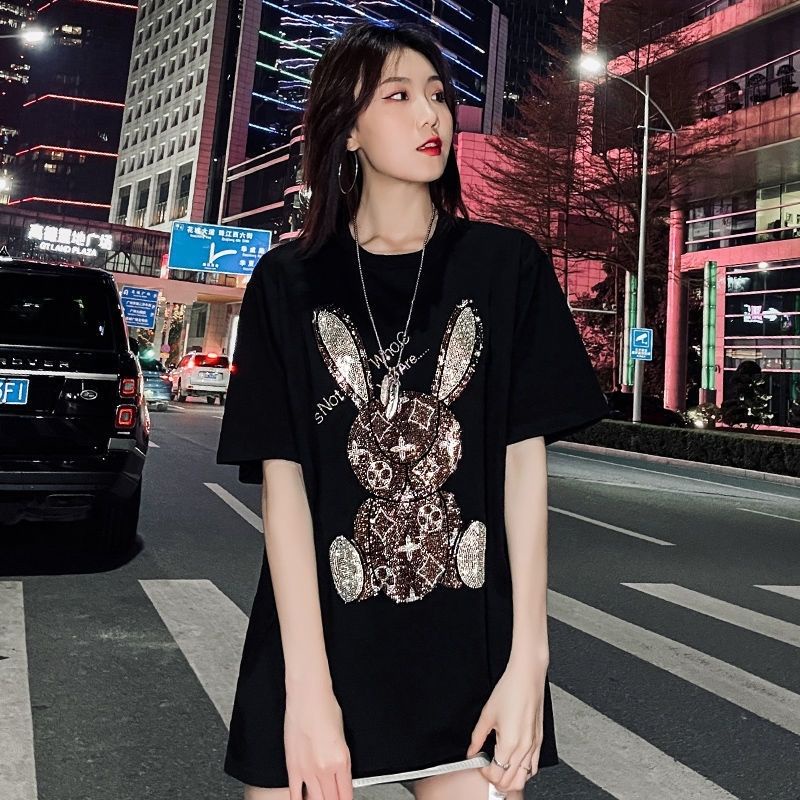 Áo Thun Ngắn Tay Dáng Dài Đính Đá Thời Trang Mùa Hè Mới 2023 Cho Nữ