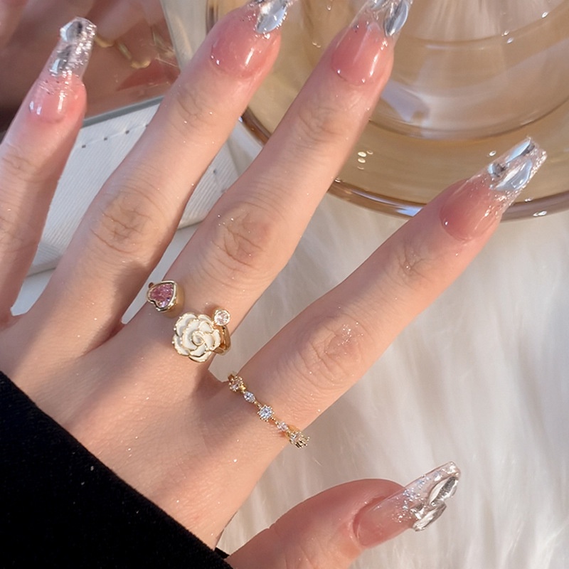 Nhẫn Hở Hình Hoa Trà Đính Đá Zircon Phong Cách Vintage Thanh Lịch Thời Trang Cho Nữ