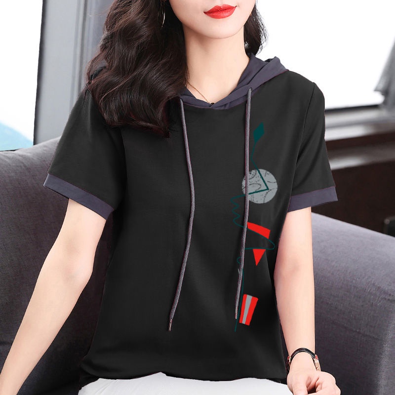 Áo Thun Cotton Có Mũ Trùm Tay Ngắn Thời Trang Mùa Hè 2023 Cho Nữ