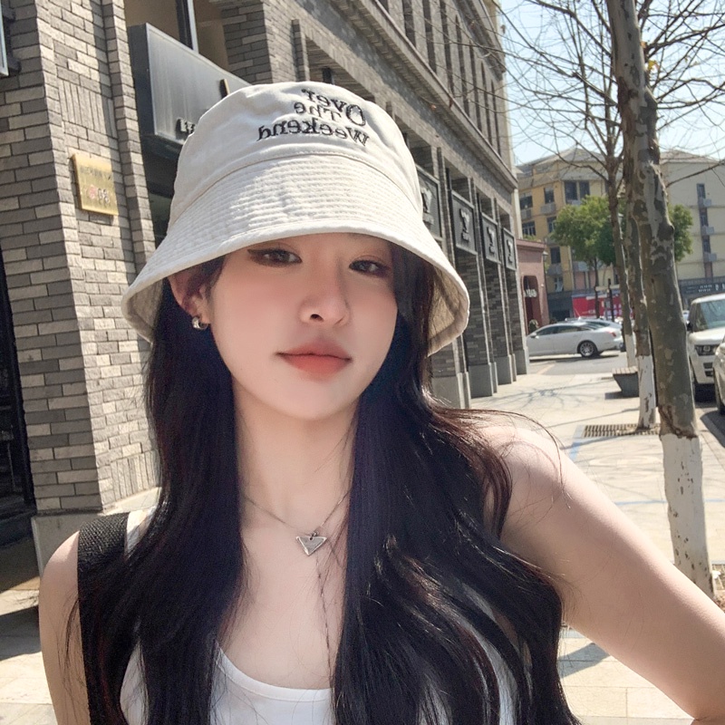 Mũ Bucket Chất Liệu Cotton Thêu Chữ Phong Cách Retro Hàn Quốc Cho Nữ