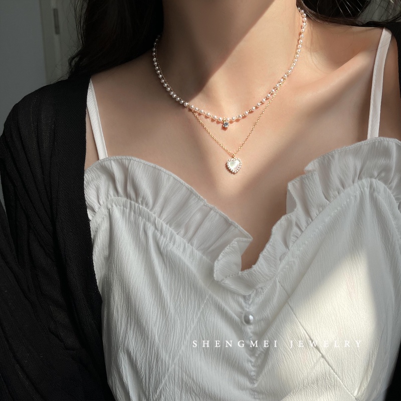 Vòng cổ Hai Lớp Xếp Chồng Lên Nhau Đính Ngọc Trai / Kim Cương / Trái Tim Màu Trắng Thời