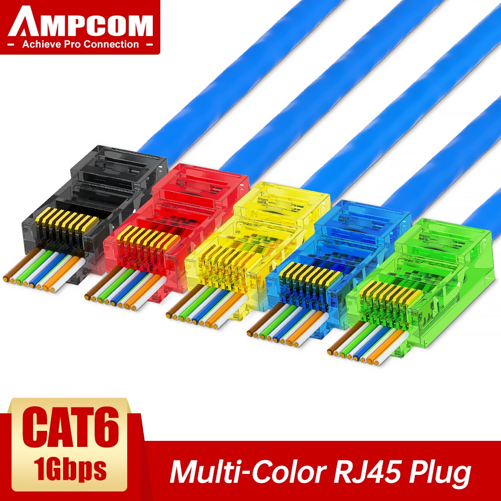 AMPCOM Đầu nối RJ45 CAT6 Pass Through EZ, Đầu nối mạng Modular dễ cắm cho cáp mềm UTP