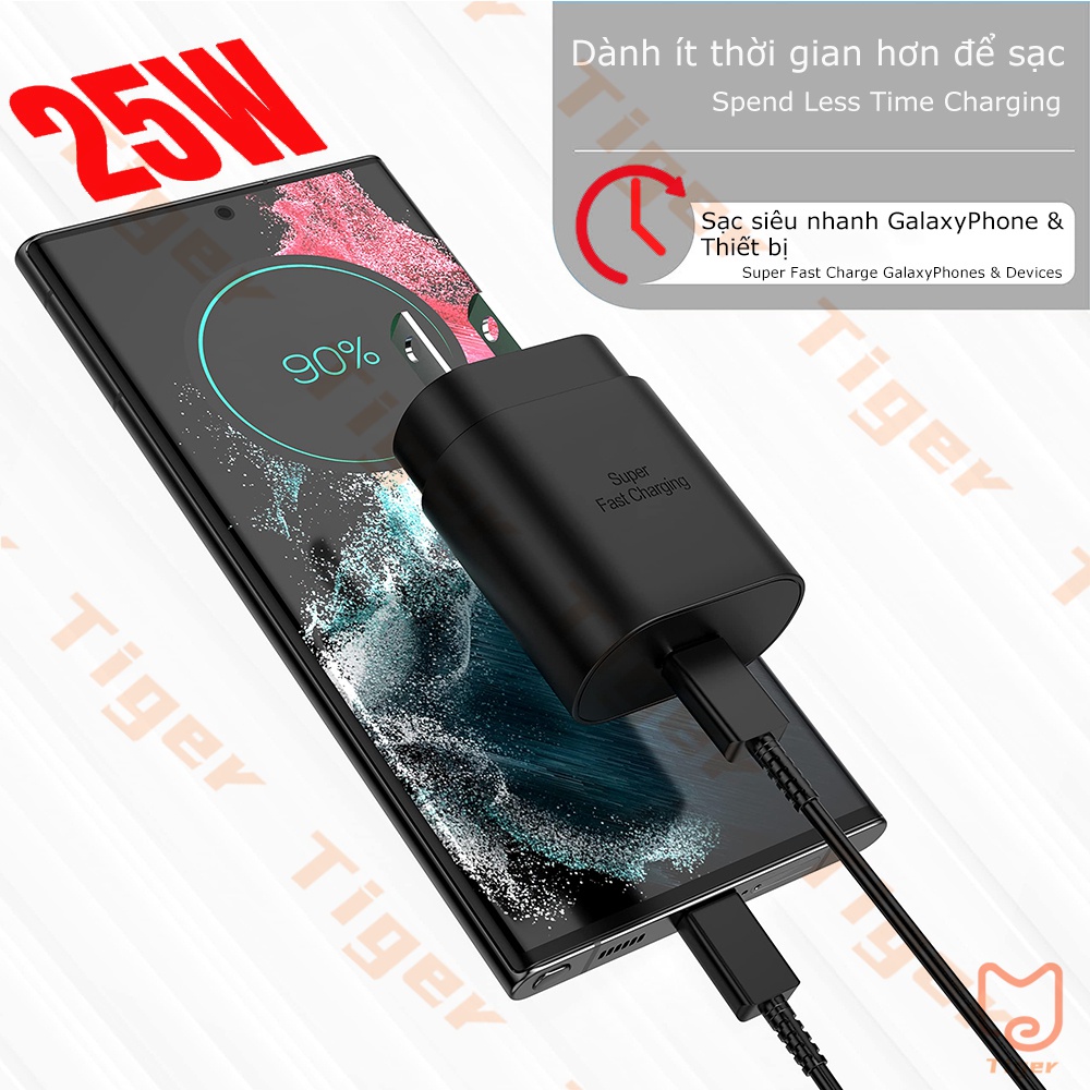 TIGER Củ Sạc Nhanh 45w / 25W + Dây Cáp Sạc Nhanh 3A Type C Cho Sam sung for Galaxy S23 Ultra/S23/S23+/S22 Ultra/S22+/S22, Note 10/Note 20/S20/S21/S10/S9/S8, Galaxy Tab S7/S8 Bộ sạc điện thoại / máy tính bảng Android