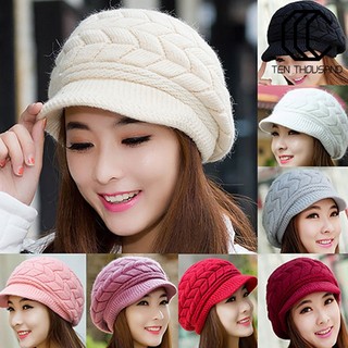 ☼Knitted Hat Warm Flat Brim Shape Faux Rabbit Fur Fashion Women Cold Hat