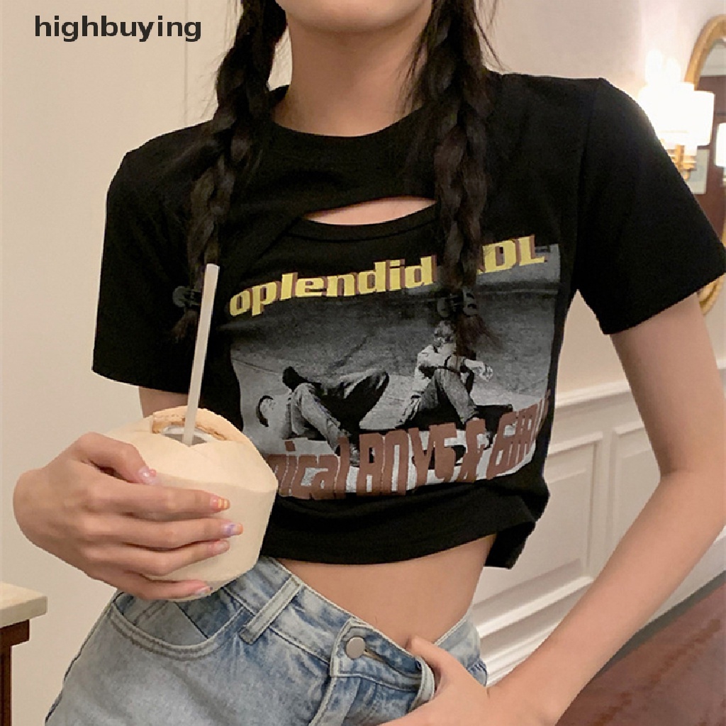 Áo Thun Lửng Ngắn Tay Cổ Tròn In Họa Tiết Vintage Cho Nữ