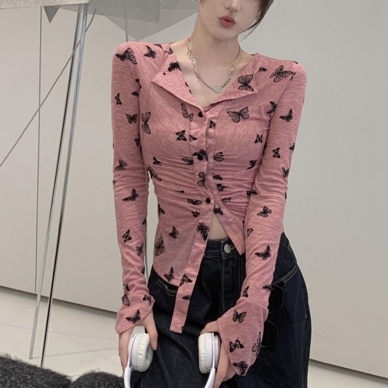 Áo Sweater Dệt Kim Tay Dài Cổ Bẻ In Họa Tiết Bươm Bướm Thời Trang Mùa Xuân Xinh Xắn Cho Nữ
