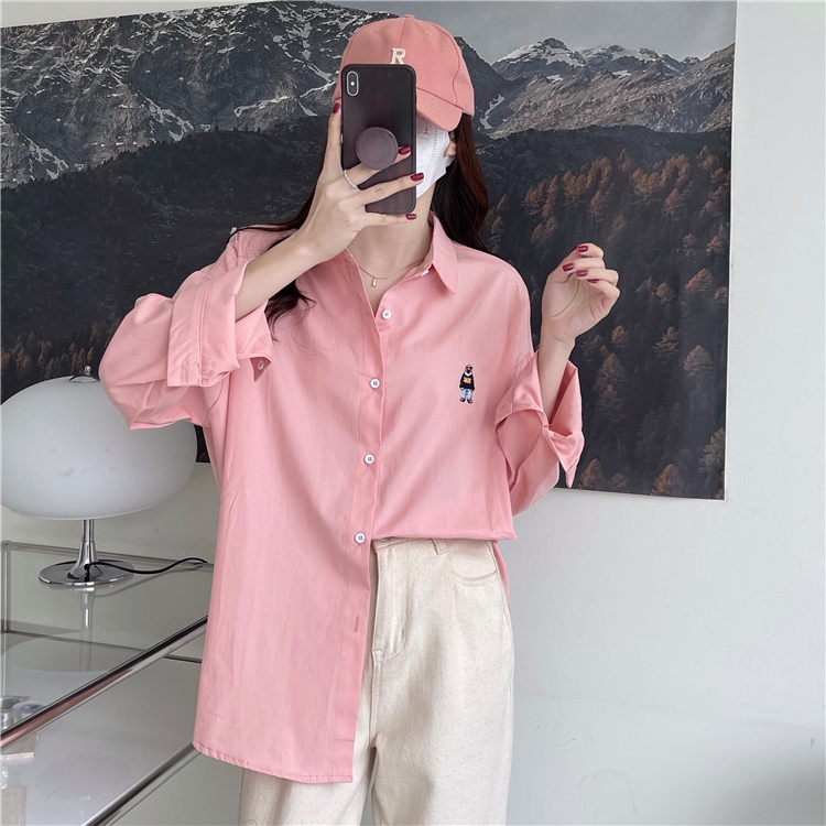 IELGY    Áo Thun Tay Dài Thêu Hình Gấu Thời Trang Dành Cho Nữ