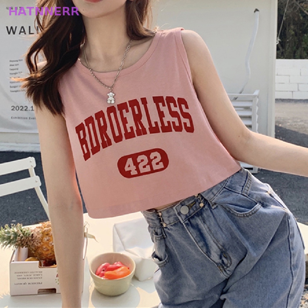 Áo Croptop Sát Nách Dáng Rộng Cổ Tròn In Chữ Phong Cách Mỹ Thời Trang Mùa Hè Cho Nữ FHS