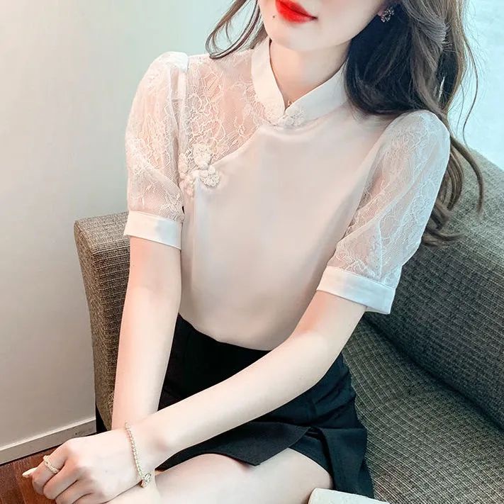 Áo Sơ Mi Chiffon Tay Ngắn Phối Ren Phong Cách Trung Hoa Thời Trang Mùa Hè 2023