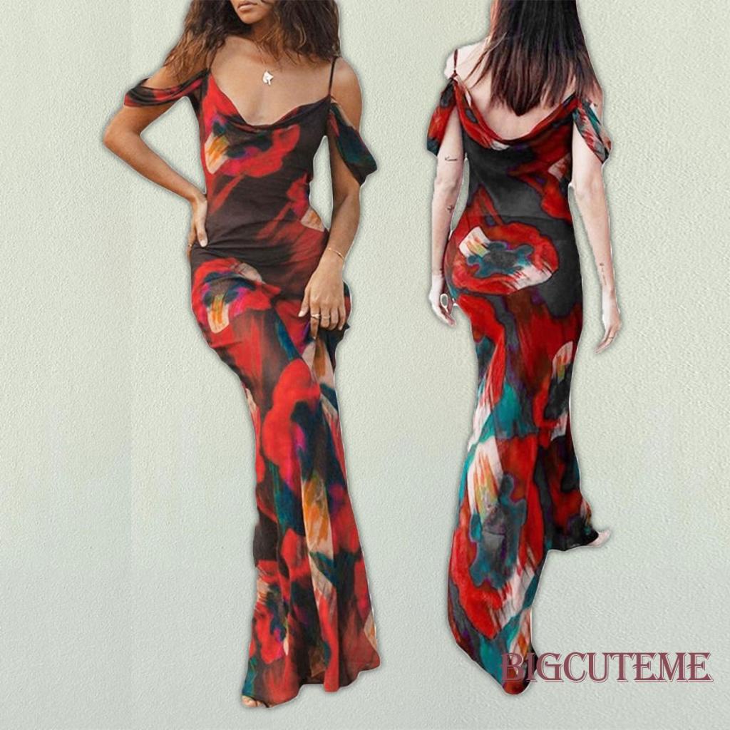 Đầm Dài Không Tay Hở Vai In Họa Tiết Thời Trang Cho Nữ