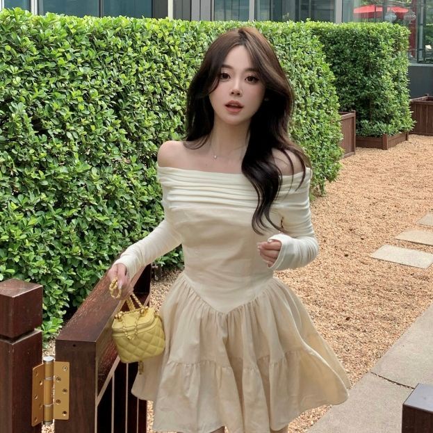 Đầm COZOKC dáng chữ A tay dài hở vai thời trang quyến rũ cho nữ