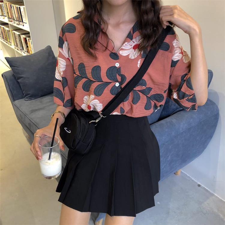 Áo sơ mi voan tay ngắn cổ bẻ in họa tiết hoa phong cách vintage