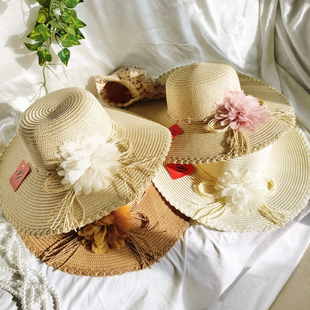 Nón cói, Mũ cói đi biển nữ vành to đẹp gắn hoa vintage -hoa to nhiều màu