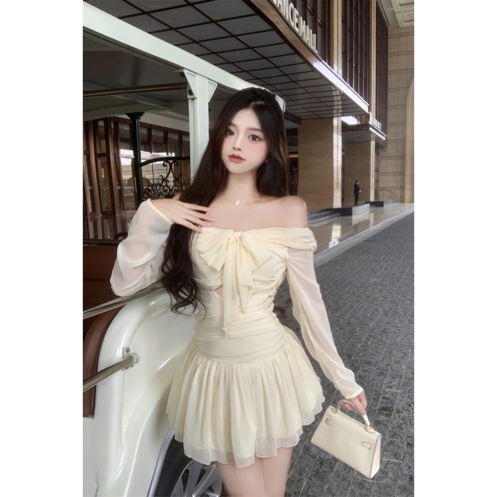 Đầm Tay Dài Lưng Cao Cột Dây Thời Trang Mùa Hè Xinh Xắn Cho Nữ