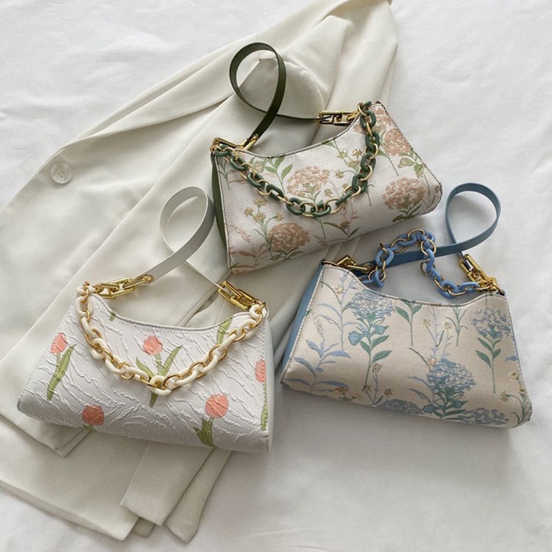 MISCHA Túi Đeo Vai Hình Vuông Cỡ Nhỏ Họa Tiết Hoa Phối Dây Đeo Sợi Xích Đơn Giản Thời Trang Phong Cách Hàn Quốc Cho Nữ