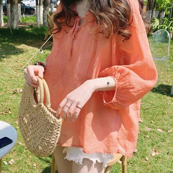 ICE cotton and linen top doll shirt cropped sleeve niche Korean style women's summer loose large size high-end cotton and linen shirt T-shirt