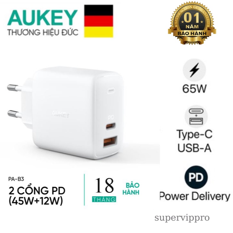 CỦ SẠC 2 CỔNG 65W OMNIA AUKEY PA-B3 SẠC NHANH POWER DELIVERY CÔNG NGHỆ GAN(Chính hãng-Bảo Hành 12 Tháng)