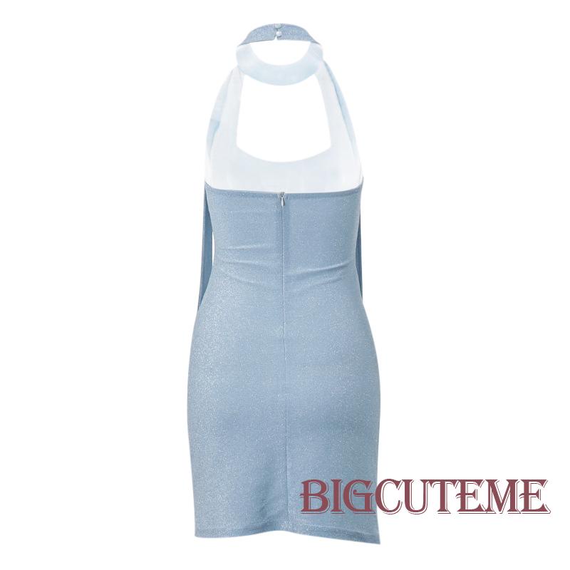 [] - Đầm Ngắn Không Tay Hở Lưng Dáng Ôm Màu Xanh Dương Đính Kim Sa Lấp Lánh Thời Trang Mùa Hè Cho Nữ