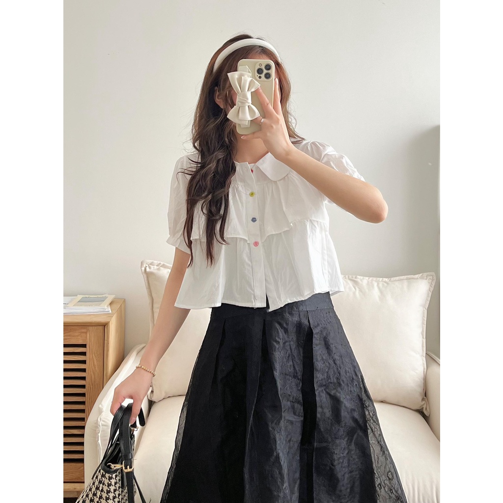 Áo Sơ Mi cổ tầng bèo cúc hình hoa, Áo sơ mi trắng dáng croptop đi học đi chơi