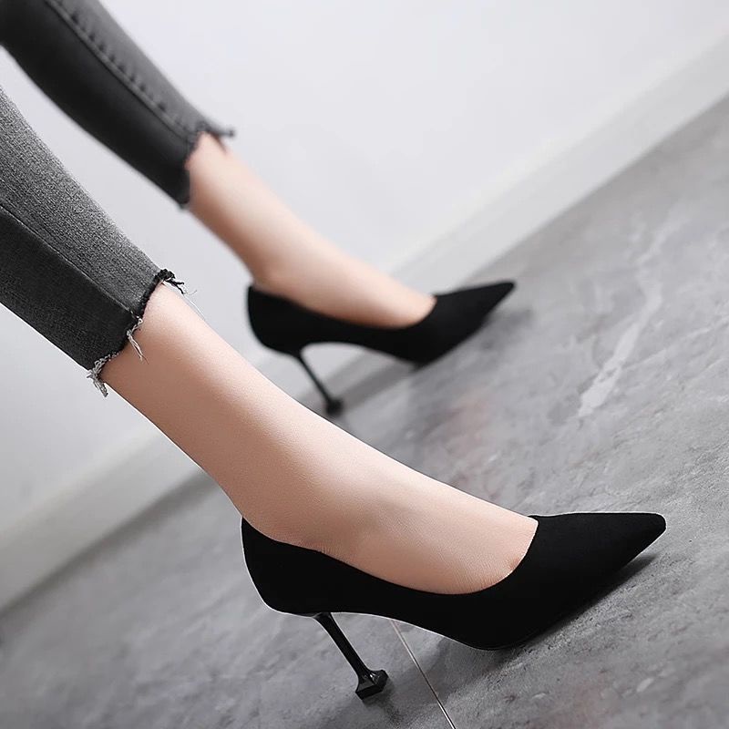 Giày cao gót nữ đế vuông giày cao gót đính đá giày cao gót bít mũi giày cao gót nữ 5 phân giày cao gót nữ mũi nhọn Giày Cao Gót Mũi Nhọn Màu Đen Phong Cách Hàn Quốc Cho Nữ Sinh
