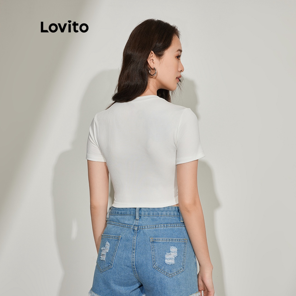 Áo thun LOVITO kết hợp màu sắc phối ren màu trơn thường ngày cho nữ L45ED011 (màu đen và trắng)