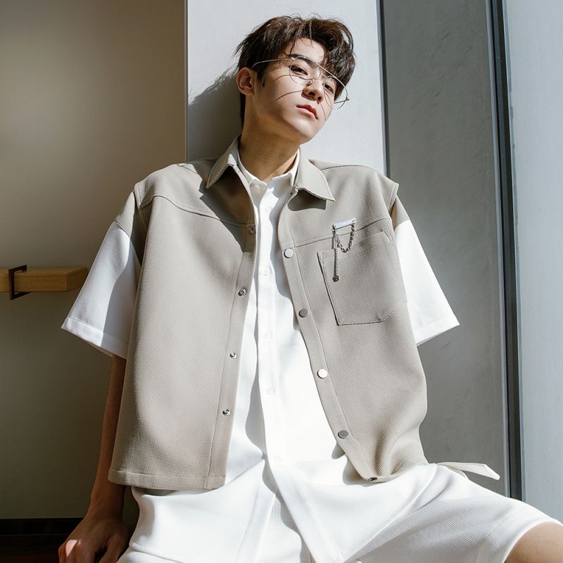 Bộ Áo Sơ Mi + Áo Vest Da Pu Dáng Rộng Phong Cách Hàn Quốc Thời Trang Mùa Hè Cho Nam