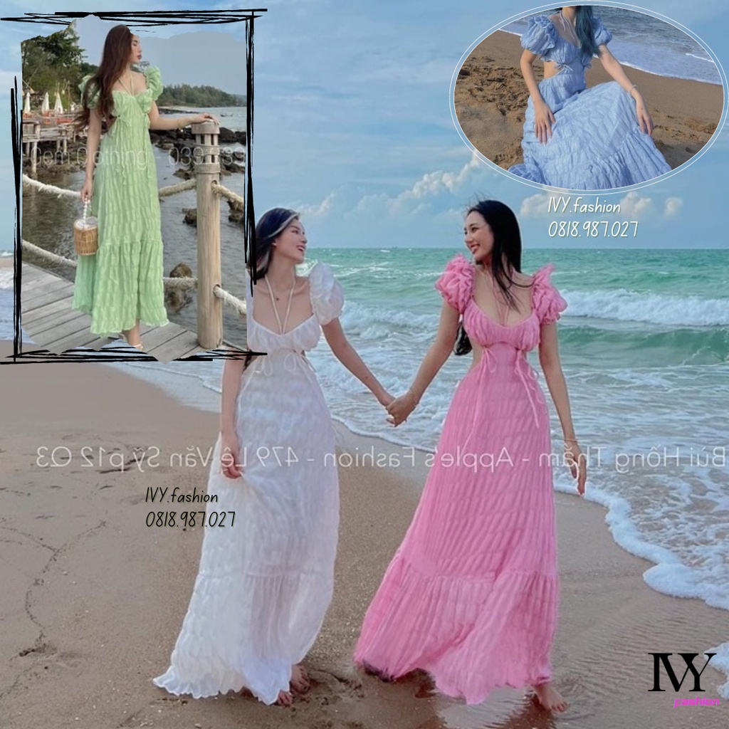 Đầm váy maxi khoét eo 🔥xốp mút ngực🔥 hồng xanh bơ trắng tay phồng, đi biển dự tiệc dạo phố bigsize gợi cảm se