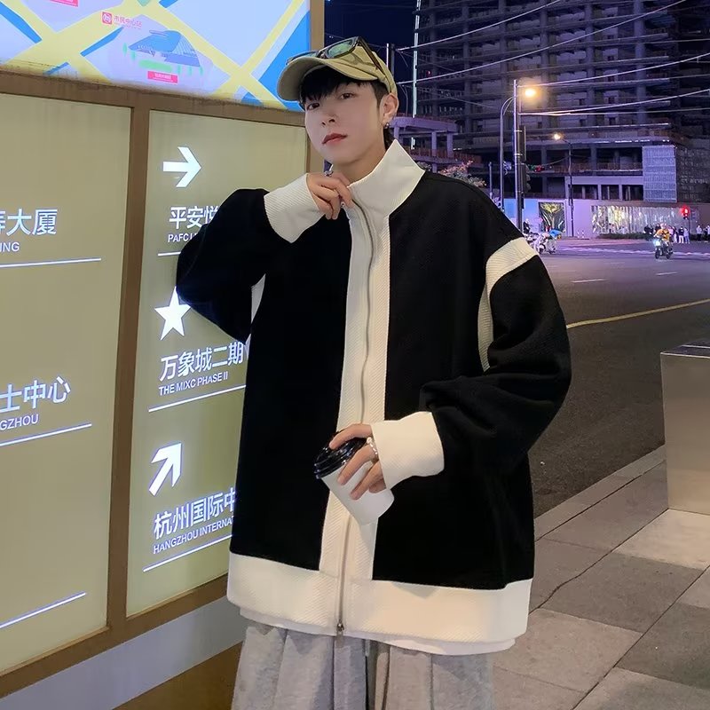 Áo Khoác Dệt Kim Dáng Rộng Phối Khóa Kéo Đôi Màu Sắc Trẻ Trung Phong Cách Hàn Quốc Cho Nam