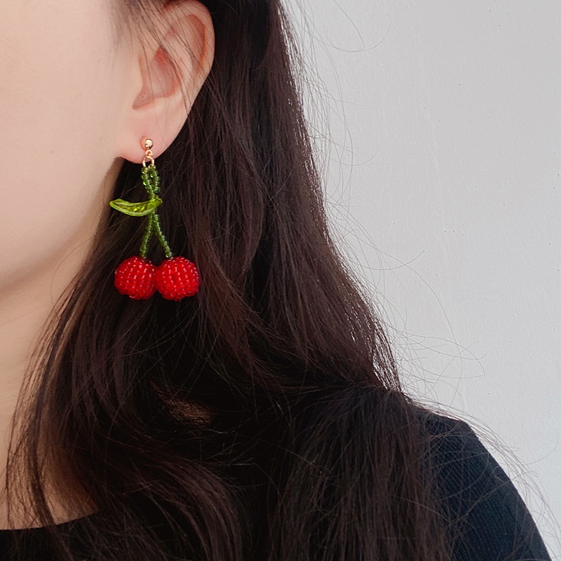 Khuyên Tai Đính Hạt Pha Lê Đỏ Cherry Phong Cách Nhật Hàn Mới Mùa Hè