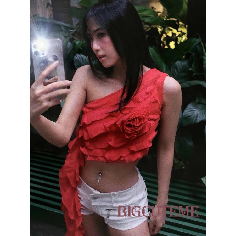 [] - Áo Crop Top Không Tay Nhún Bèo Màu Trơn Đính Hoa 3D Tua Rua Màu Trơn Thích Hợp Đi Tiệc Xuân Hè / Trắng / Cà Phê