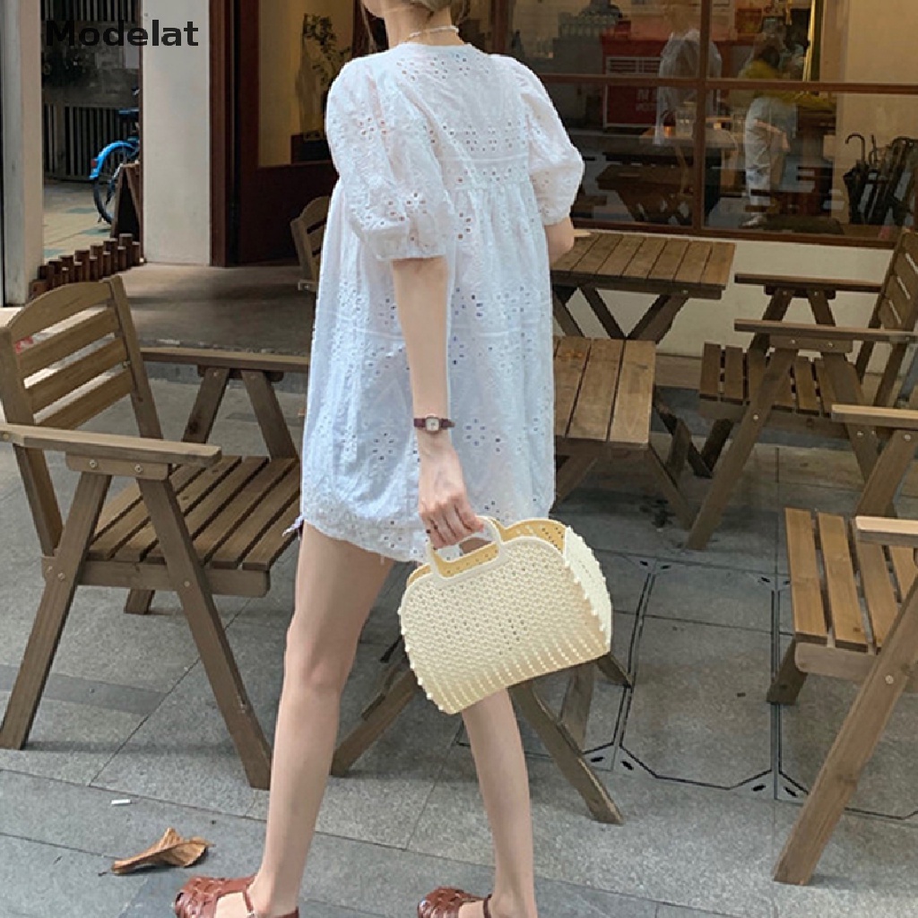Đầm Mini Màu Trơn Dáng Rộng Cổ Chữ V Tay Phồng Phối Ren Lỗ Thoáng Khí Thời Trang Mùa Hè Cho Nữ