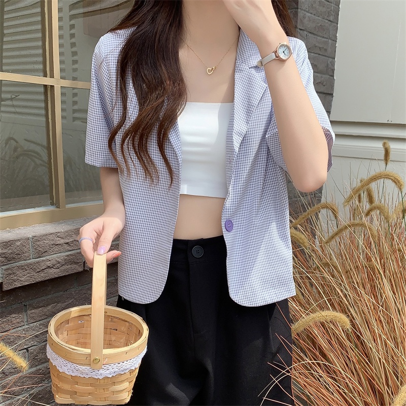 Áo Vest Ngắn Họa Tiết Sọc Caro Phong Cách Hàn Quốc Thời Trang Mùa Hè Cho Nữ