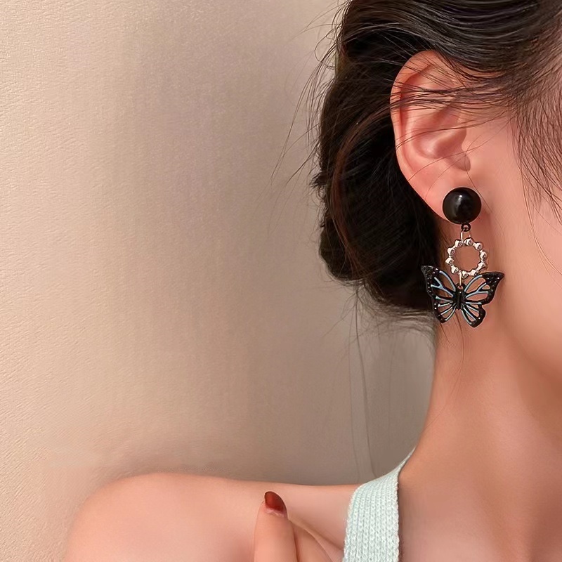 Bông Tai Bạc 2022 Họa Tiết Bướm Màu Đen Ngọt Ngào Phong Cách retro