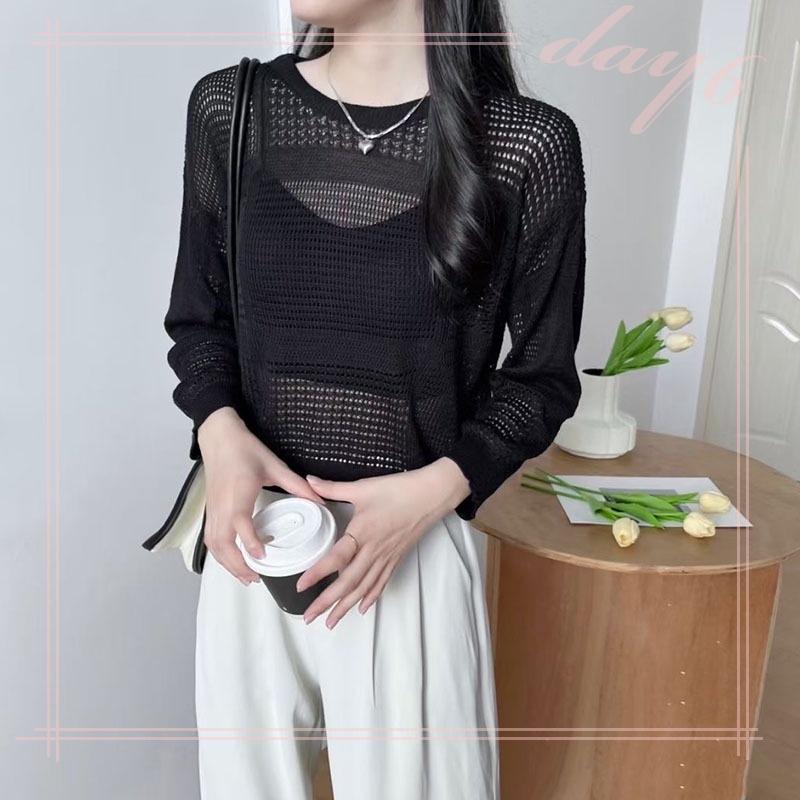 Áo Thun Tay Dài Cổ Tròn Phối Lưới Thoáng Khí Thời Trang Phong Cách Hàn Quốc Cho Nữ