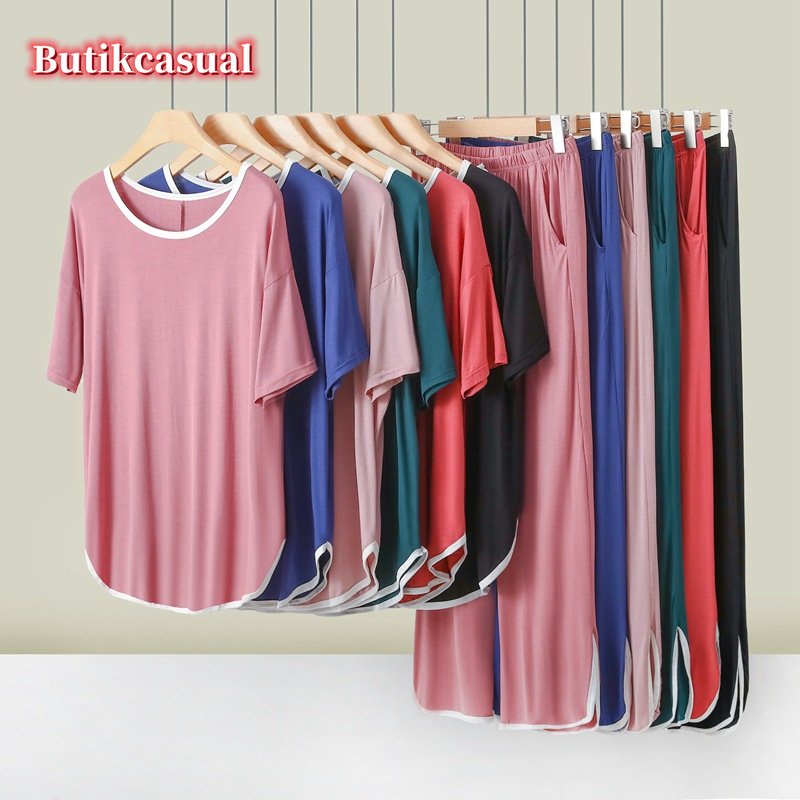 Bộ Đồ Ngủ Áo Thun Cotton Tay Cánh Dơi + Quần Sooc Dáng Rộng Thời Trang Mùa Hè Xinh Xắn Cho Nữ